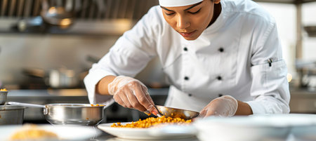 African asian female chef cooking in a professional kitchen with space for text placementの素材