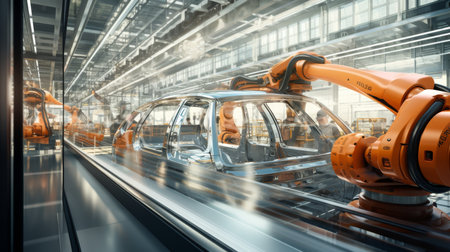 Cutting edge automated assembly line in a futuristic factory producing electric carsの素材