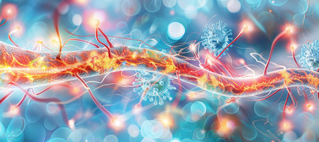 Detailed close up of human brain showing neurons firing with neural extensions in actionの素材