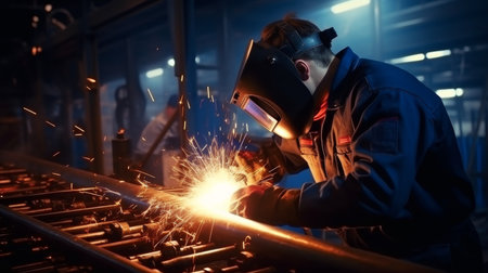 Professional welder working on medium sized pipe with blue light, close up metal welding processの素材