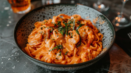 Pasta with seafood shrimps on blurred restaurant background, copy space availableの素材