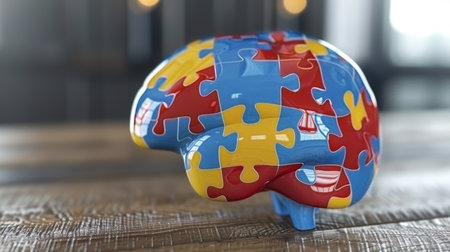 Vivid puzzle brain symbolizing neurodiversity, mental health awareness, and cognitive skills growth.の素材