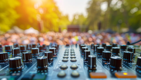 Dj mixing at beach party festival with crowd, outdoor close up shot, blurred background, copy spaceの素材
