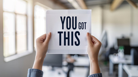 Motivation concept  woman holding  you got this  sign on abstract blurred background, success theme.の素材