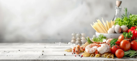 Delicious seafood pasta with shrimps on blurred restaurant background, copy space for textの素材