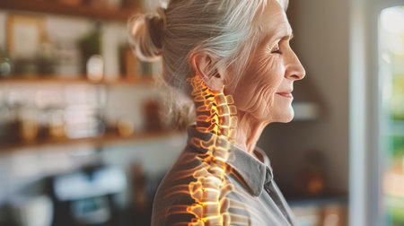 Close up of woman s highlighted spine experiencing back pain at home, medical concept.の素材