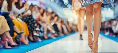Elegant high fashion show with minimally covered couture models striding on the runway in high heelsの素材
