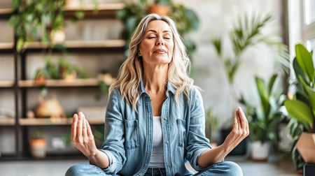 Tranquil middle aged woman meditating at home, eyes closed, relaxing body and mind in living roomの素材