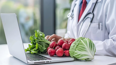 Female dietitian seeking online consultation for personalized food nutrition services and advice.の素材