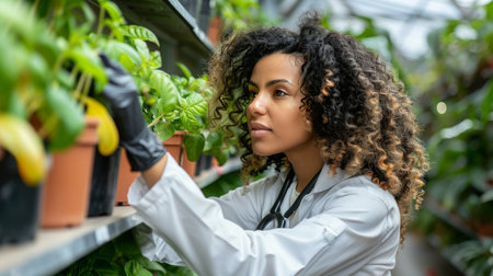 Exploring eco plants  biology scientist conducting research in vertical farm laboratory.の素材