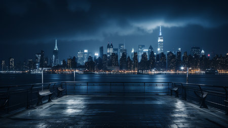 Deserted pedestrian walkway with modern city skyline in the backdrop, urban solitude conceptの素材