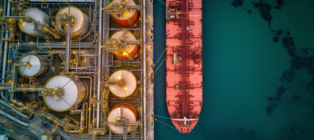 Aerial view of large red cargo ship docked next to industrial oil and gas tank storage complexの素材