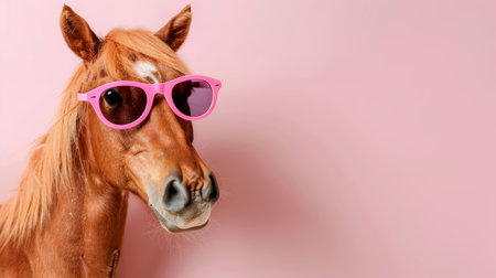 Amusing horse in sunglasses on pastel background with text space, isolated for design projectsの素材