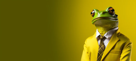 Frog in business attire as corporate employee, studio shot with copy space on plain wall.の素材