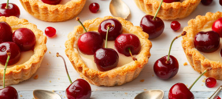Cherry mini tart on white cutting board with vintage teaspoons, top view dessert flat lay.の素材