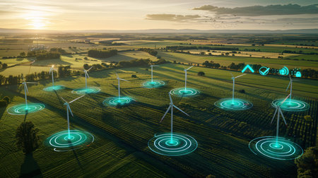 Green energy integration  wind turbines, solar panels, sustainable power engineering concept.の素材