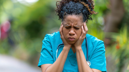 Distraught surgeon and woman react to clinic news, mental health issues, and healthcare anxietyの素材