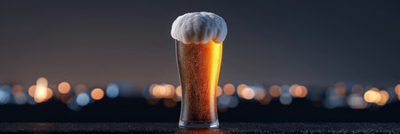 Detailed closeup of frothy beer glass against warm bokeh lights, perfect for text placementの素材