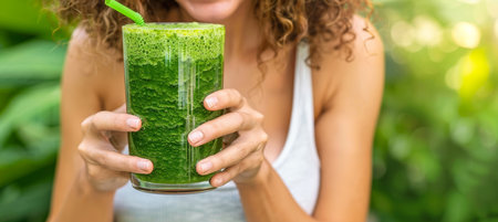 Happy woman holding a detox smoothie, with a blurred background creating space for text placement.の素材
