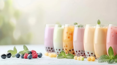 Assorted tapioca bubble teas on blurred coffee shop background with copy space for textの素材
