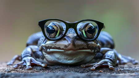 Stylish frog with glasses in studio setting, captivating wildlife portrait scene for nature lovers.の素材