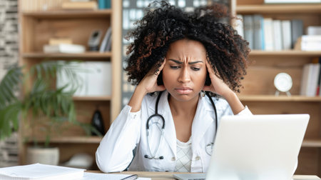 Sad surgeon and depressed black woman  healthcare anxiety and mental health problems in clinic newsの素材