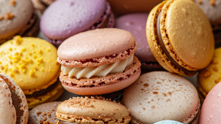 Colorful vibrant macarons background with assorted collection of sweet french pastriesの素材