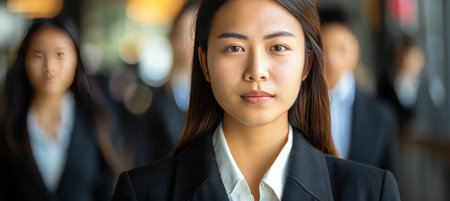 Asian call center professionals in modern office environment with room for text placementの素材