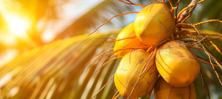 Ripe coconuts on tree in greenhouse, healthy fruits with copy space for text, agriculture concept.の素材