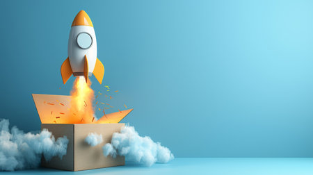 3d rocket launching from cardboard box on pastel color background, startup business conceptの素材