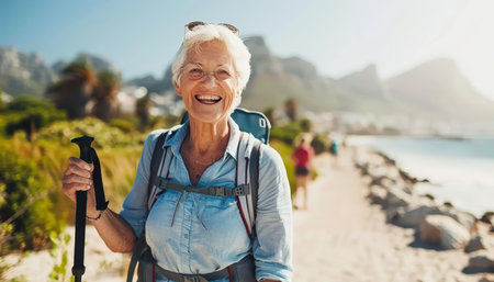 Cheerful active senior woman smiling while enjoying a hiking adventure in the majestic mountainsの素材