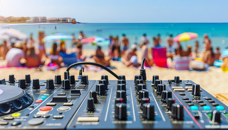 Beach party dj mixing with crowd in blurred background, outdoor event with space for text placementの素材