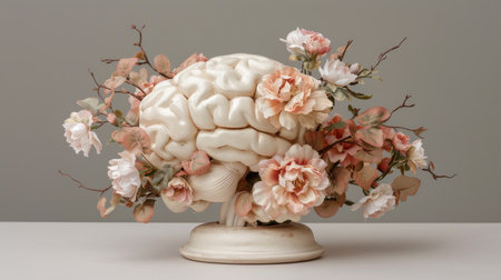 Human brain tree blooming with flowers, self care and mental health conceptual symbolismの素材