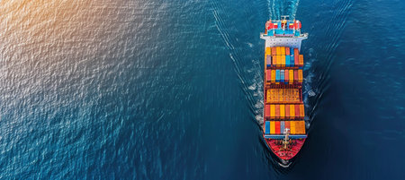 Aerial view of vibrant container cargo ship in vibrant blue sea with copy space for text placementの素材