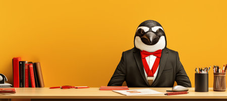Anthropomorphic lion in business suit at corporate workplace studio with copy space on plain wall.の素材