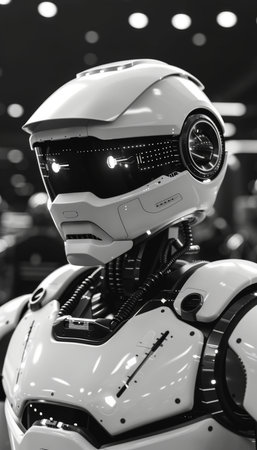 Futuristic white robot in 3d with digital network connections, dots, lines, and space for text.の素材