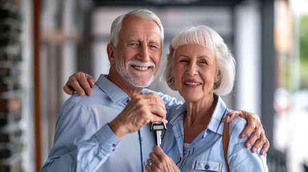 Joyful senior couple holding key outside new home, starting a new chapter togetherの素材