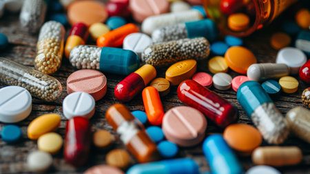 Assortment of colorful pharmaceutical pills and capsules representing healthcare and medicationの素材