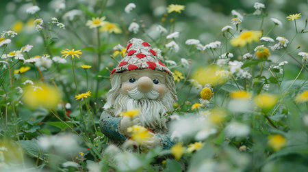 Garden gnome in spring forest with greenery on blurred natural background, copy spaceの素材