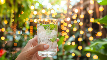 Hydrated young woman holding a glass of water with blurred background for text placement.の素材