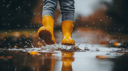 Playful kid in vibrant rain boots joyfully leaping into a puddle on a rainy day outdoors.の素材