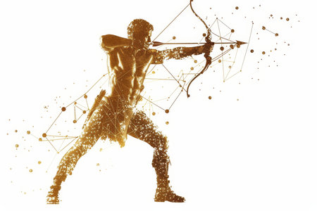 Golden sagittarius zodiac sign isolated on white background in vector style with shining effectの素材