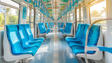 Deserted subway car interior, urban public transport compartment with no passengersの素材