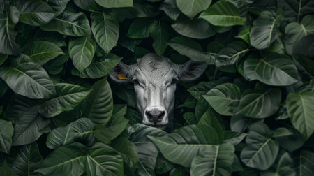 Yak curiously peering through vibrant tropical jungle leaves in the dim light of the forestの素材