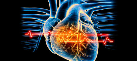 Red digital pulse line on abstract human heart shape, black backgroundhealth, cardiology concept.の素材