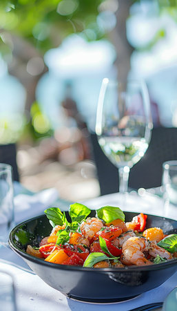 Savory seafood pasta on defocused restaurant backdrop with ample space for text placementの素材