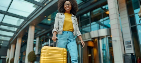 African american woman traveler walking with suitcase at modern transport hub stop outdoorsの素材