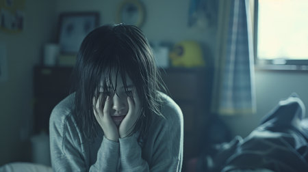 Woman in pajamas on bed, struggling with depression and isolation, facing mental health challengesの素材