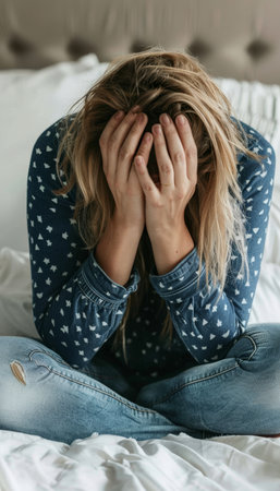 Woman struggling with depression sitting on bed in pajamas, mental health conceptの素材