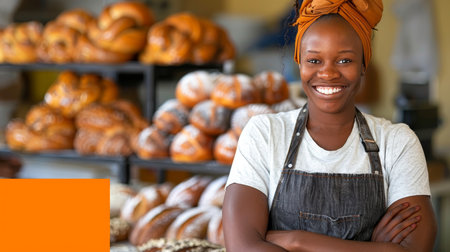 Confident young woman in bakery shop, embodying small business owner role with charm and dedication.の素材